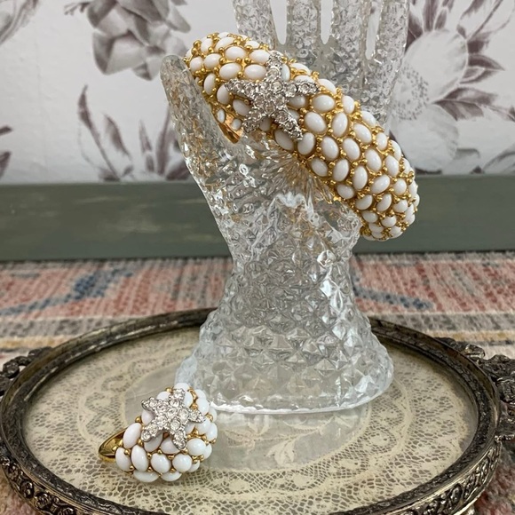 Vintage Signed KJL Neptune Starfish Cabochon Gold Clamper Bangle Bracelet & Ring - Picture 5 of 6
